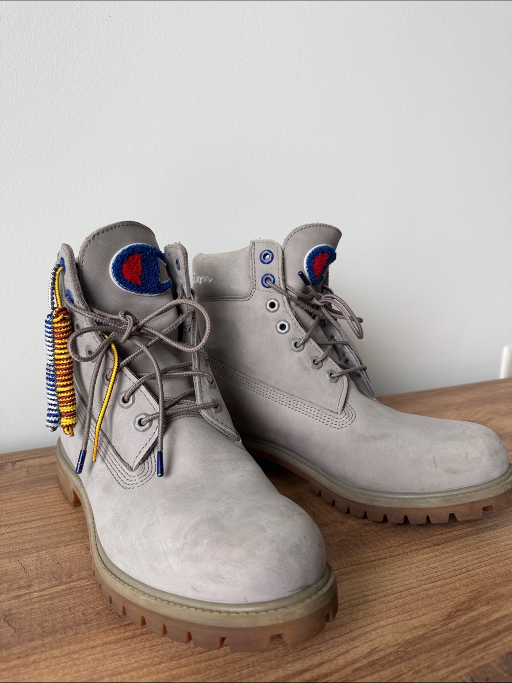 Timberland Gray Lace-Up Boots with Blue & Red Logo Accents